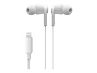 Belkin ROCKSTAR - Hörlurar med mikrofon - inuti örat - kabelansluten - Lightning - ljudisolerande - vit - för Apple 10.5-inch iPad Pro; iPad mini 4; iPhone 7, 7 Plus, 8, 8 Plus, X, XR, XS, XS Max G3H0001BTWHT