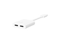 Belkin Connect Audio + Charge - USB-C till USB-C-hörlurar/laddningsadapter - 24 pin USB-C hane till 24 pin USB-C hona - 14 m - vit - USB Power Delivery (60W) F7U081BTWH